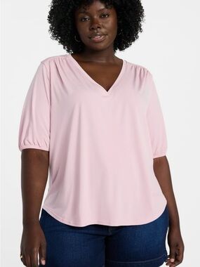 Terra & Sky Light Pink V-Neck Short Sleeve Blouse